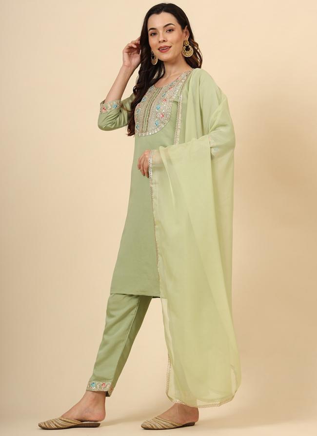 Silk Green Festival Wear Embroidery Work Readymade Kurti Set